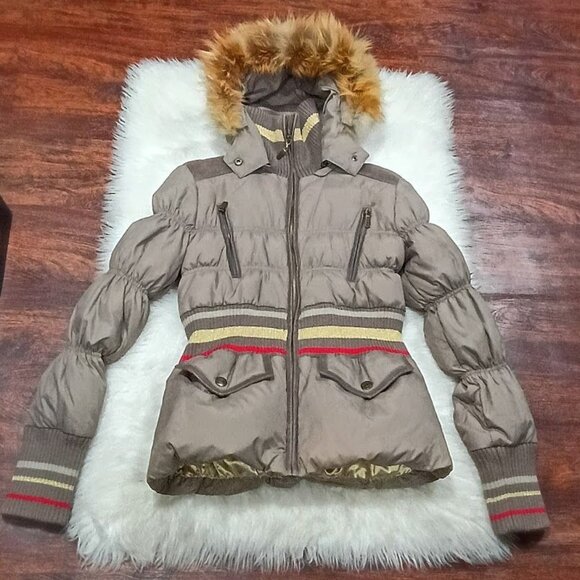 Just Cavalli Womens Puffer Coat S With Fox Fur Hood Taupe Color Down-Filled - Picture 2 of 13